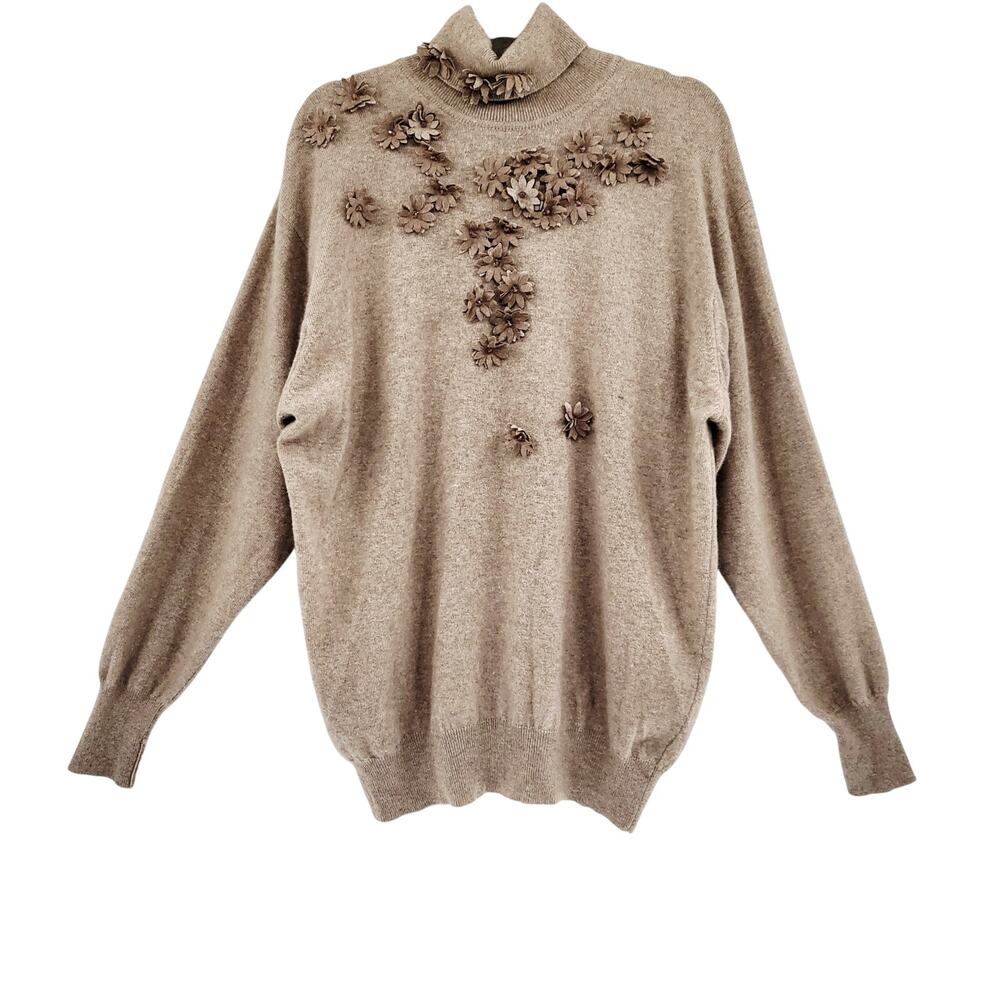 VTG Piacenza 1733 Cashmere Beige 3D Floral Applique Sweater Made in Italy EU 54